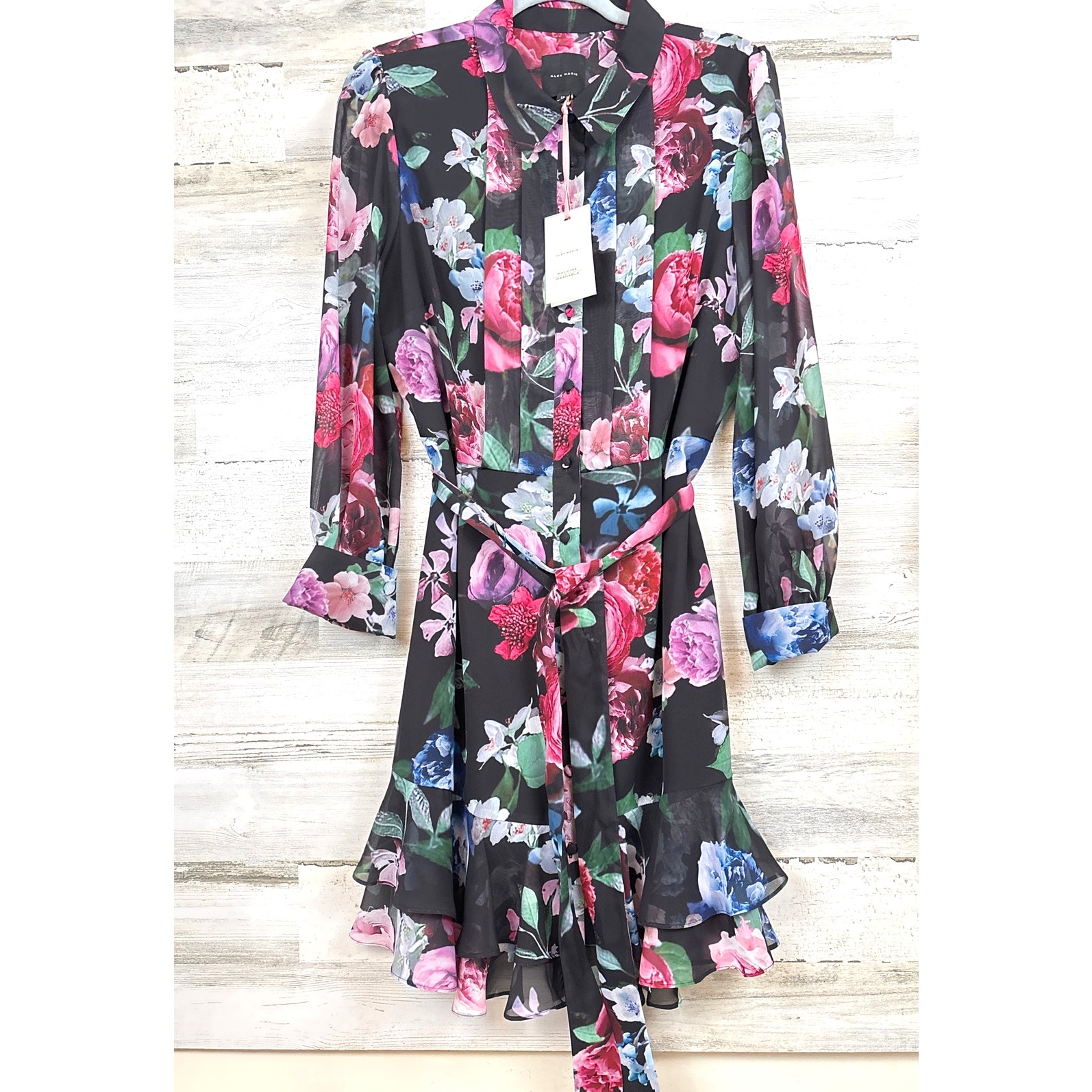 Alex Marie Selena Floral Chiffon Mini Dress Black Multi Belted Nwt 12